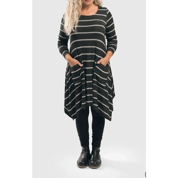 Alembika Womens Tunic Top Size M Lagenlook Striped Flowy Long Black Tan - Picture 3 of 9